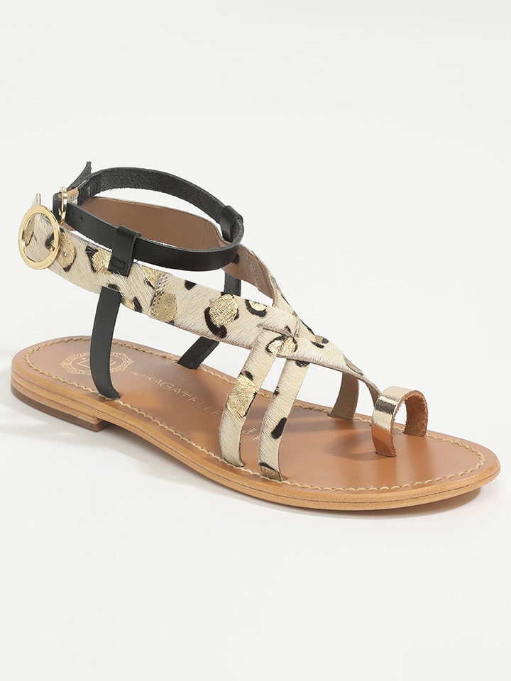 Les BAGATELLES Leder-Zehensandalen "Fennel" in Gold/ Schwarz/ Beige - 45% | Größe 40 | Damen-sandalen