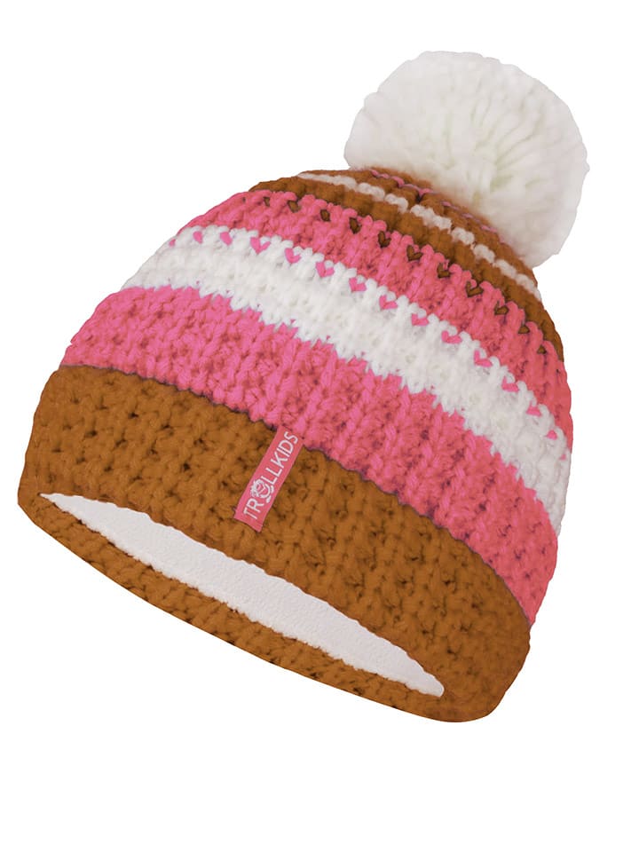 Trollkids Mütze "Hallingdal" in Hellbraun/ Pink - 47% | Größe 48-52 cm | Baby-muetzen