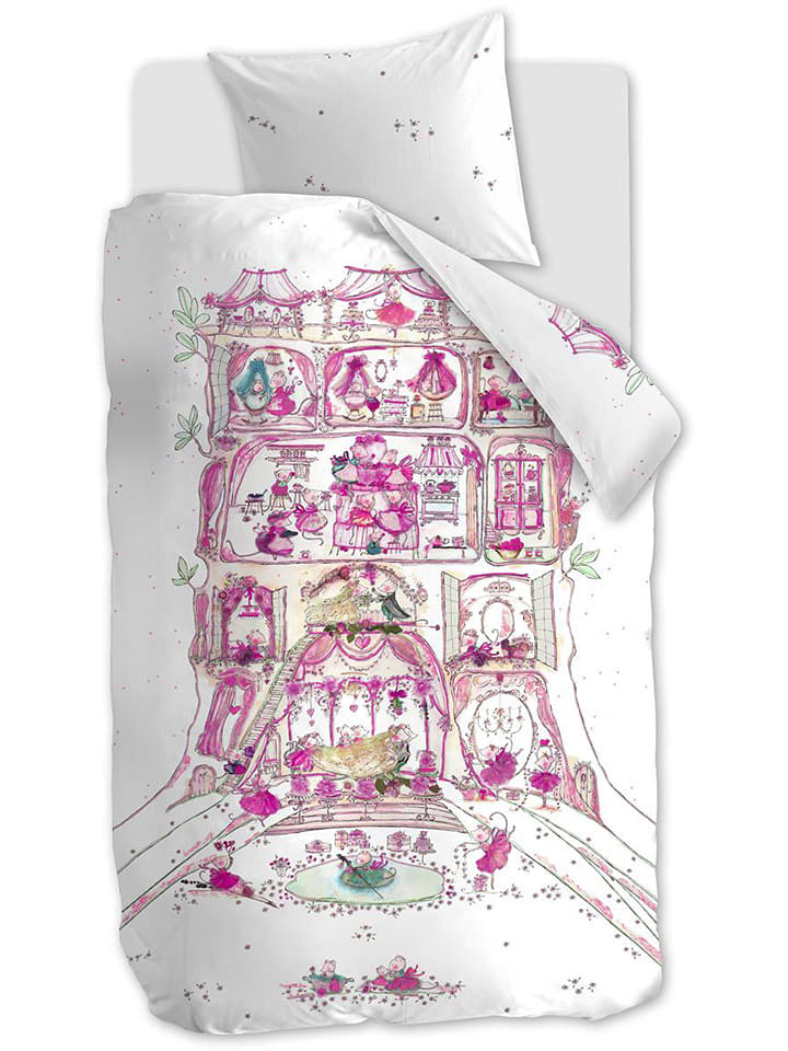 Hanneke de Jager Renforcé-Bettwäsche-Set "Mousehouse" in Weiß/ Rosa - 41% | Größe 100x135 cm | Baby-bettwaesche