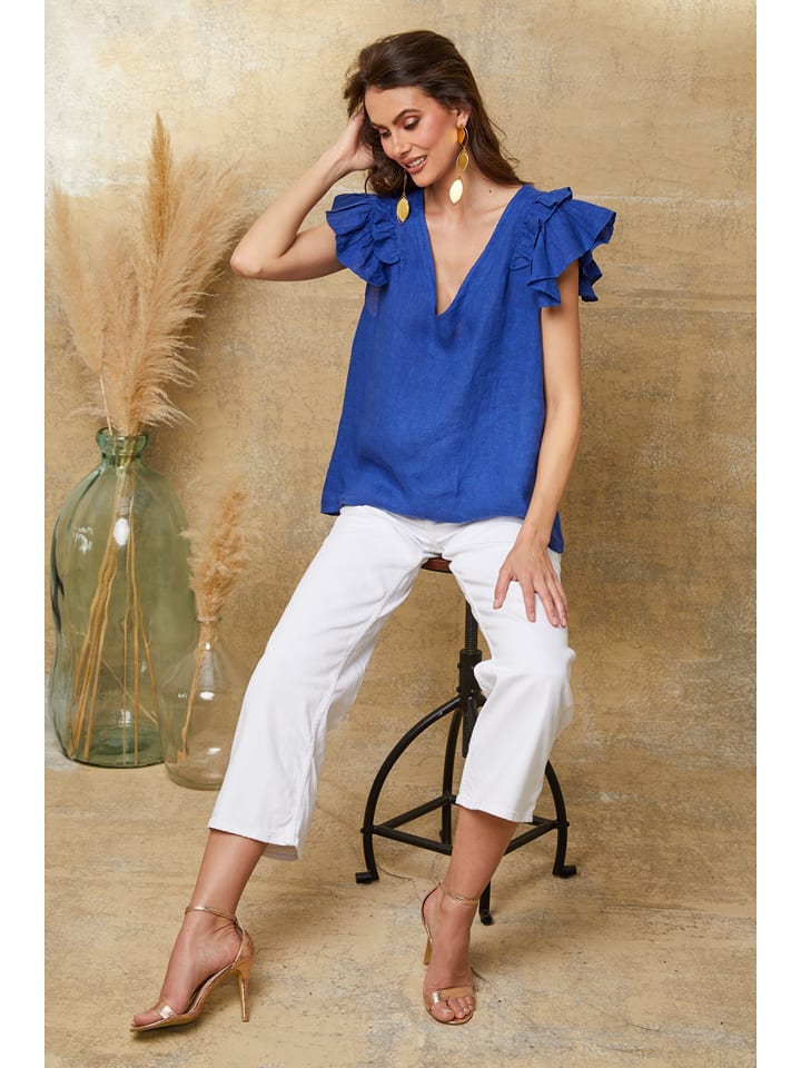Fleur de Lin Leinen-Blusen "Quiriem" in Blau - 60% | Größe L | Damen-blusen