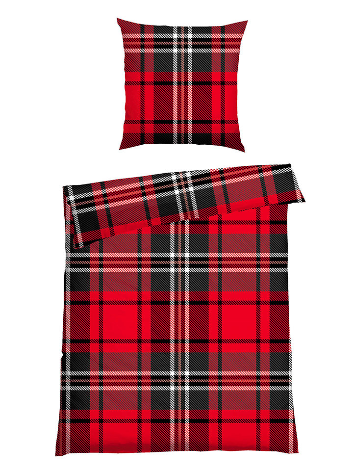 Schiesser Feinbiber-Bettwäsche-Set "Borro" in Rot/ Schwarz - 37% | Größe 155x220 cm | Bettwaesche-bettwaren