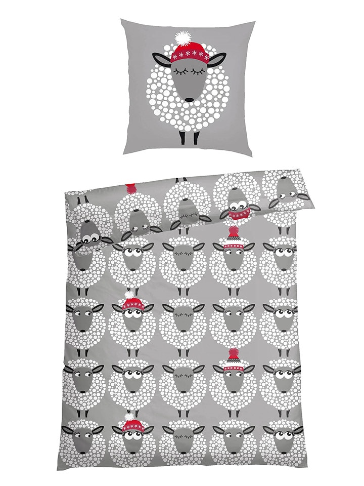 Schiesser Feinbiber-Bettwäsche-Set "Sippa" in Grau/ Rot - 37% | Größe 135x200 cm | Bettwaesche-bettwaren