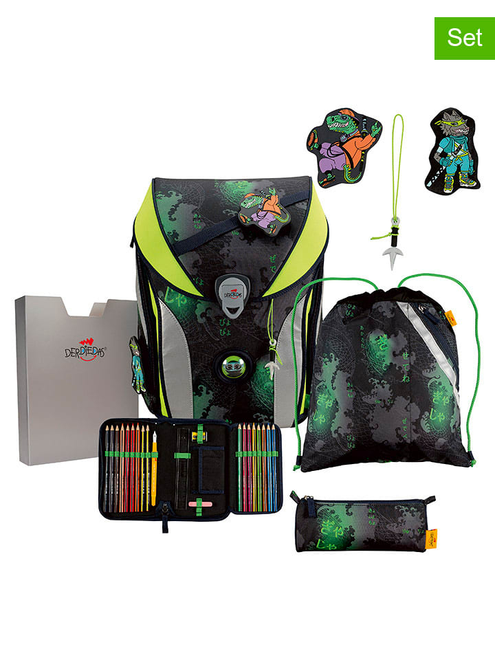 DerDieDas 5tlg. Schulranzen-Set " ErgoFlex Max - Funny Fighter" in Schwarz - 48% | Buero-schulbedarf