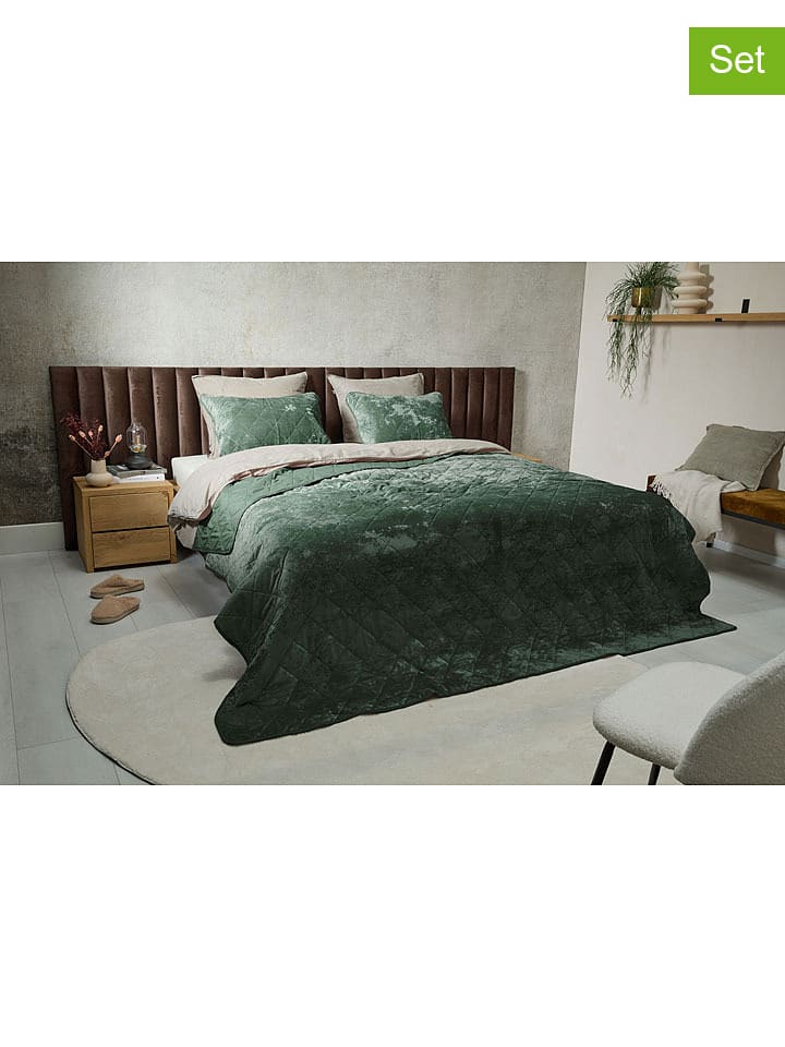 Lifa Living 3tlg. Set: Bettdecke und Kissen in Grün - 51% | Größe 220x240 cm | Bettwaesche-bettwaren