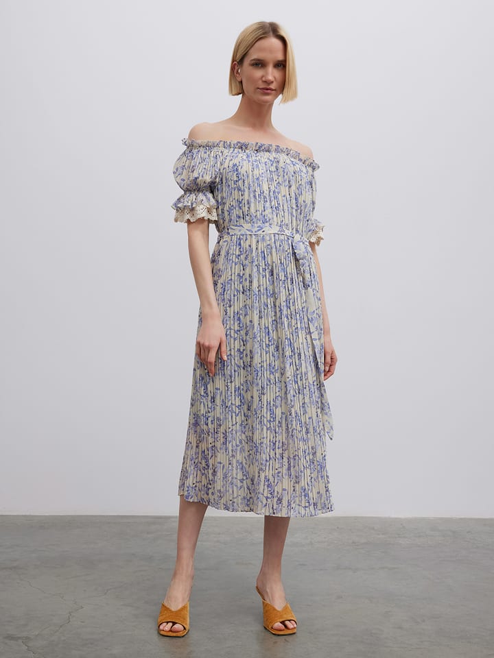 BGN Plisseekleid in Creme/ Dunkelblau - 87% | Größe 38 | Damen-kleider