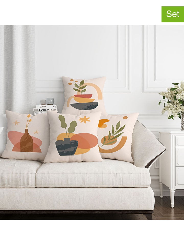 ABERTO DESIGN 4er-Set: Kissenhüllen in Weiß/ Orange - 60% | Größe 43x43 cm | Dekokissen