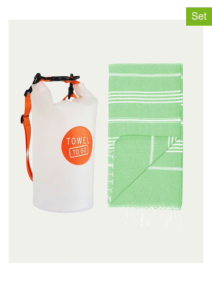 Towel to Go 2tlg. Set: Hamamtuch & Tasche in Grün/ Weiß/ Orange - 40% | Badtextilien