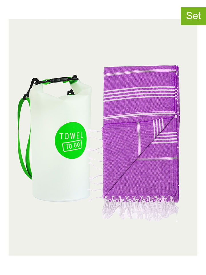 Towel to Go 2tlg. Set: Hamamtuch & Tasche in Lila/ Weiß/ Grün - 46% | Badtextilien