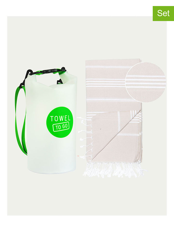 Towel to Go 2tlg. Set: Hamamtuch & Tasche in Creme/ Weiß/ Grün - 59% | Badtextilien