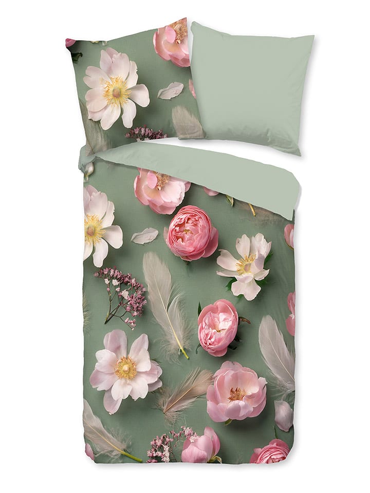 Good Morning Flanell-Bettwäsche-Set "Senzi" in Grün/ Rosa - 54% | Größe 240x220 cm | Bettwaesche-bettwaren