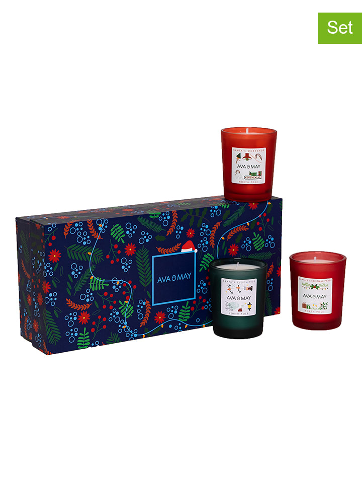 AVA & MAY 3tlg. Geschenkset "Northpole" in Rot/ Grün - 75 g - 26% | Kerzen-vasen