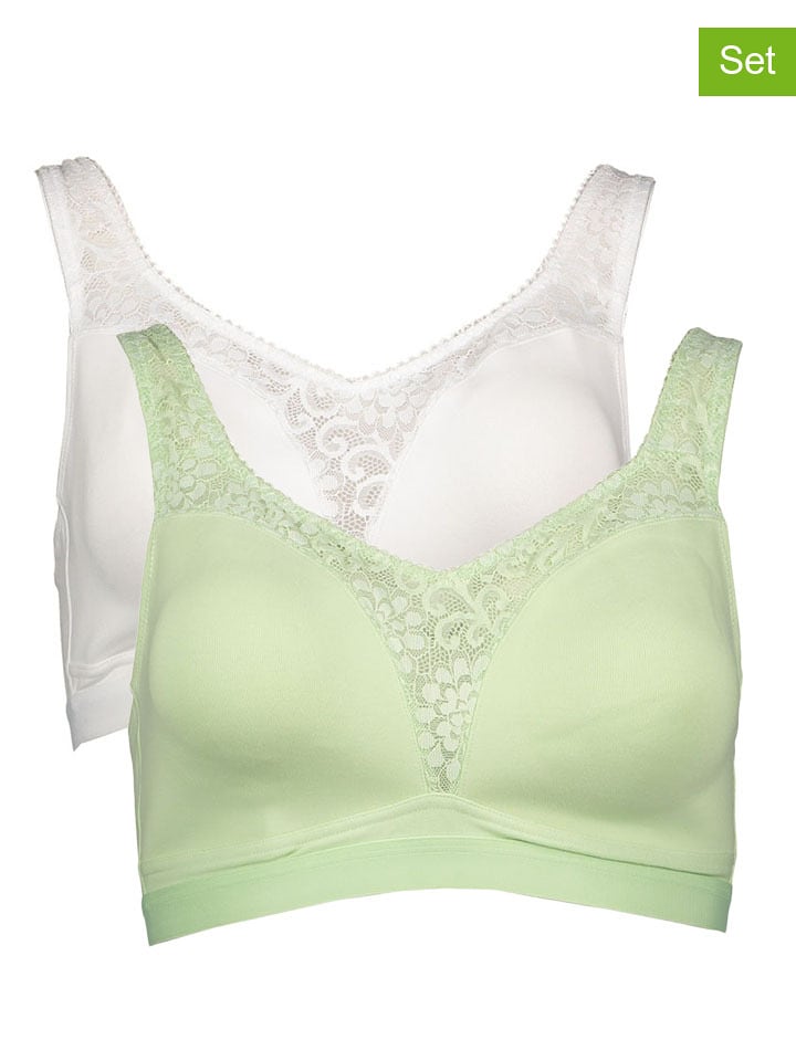 Petit Fleur 2er-Set: Bügellose BHs in Weiß/ Grün - 52% | Größe 85B | Damen-bhs
