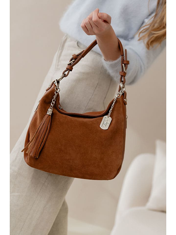 Anna Morellini Leder-Schultertasche "Forena" in Hellbraun - (B)32 x (H)25 x (T)11 cm - 75% | Damen-taschen