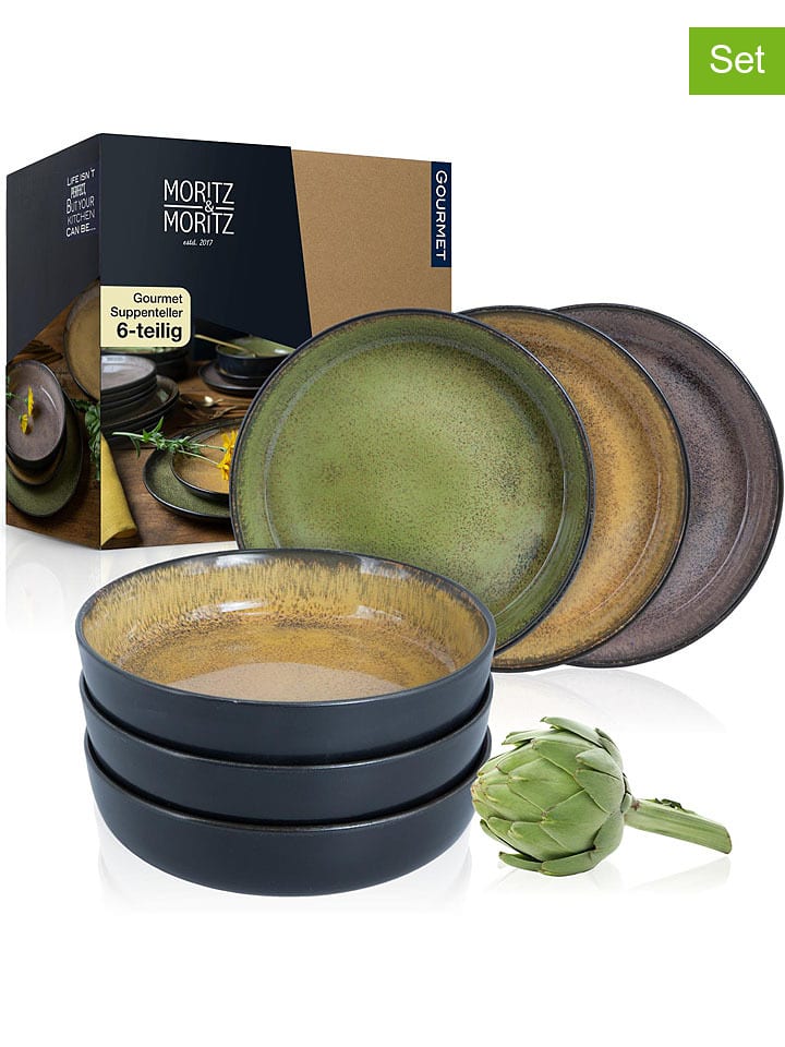 Moritz & Moritz 6er-Set: Suppenteller "Vida" in Gelb/ Grün/ Grau - Ø 19 cm - 16% | Gedeckter-tisch