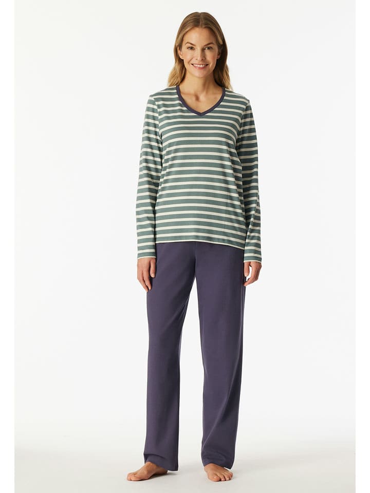 Schiesser Pyjama in Dunkelblau/ Grün - 53% | Größe 36 | Damen-loungewear