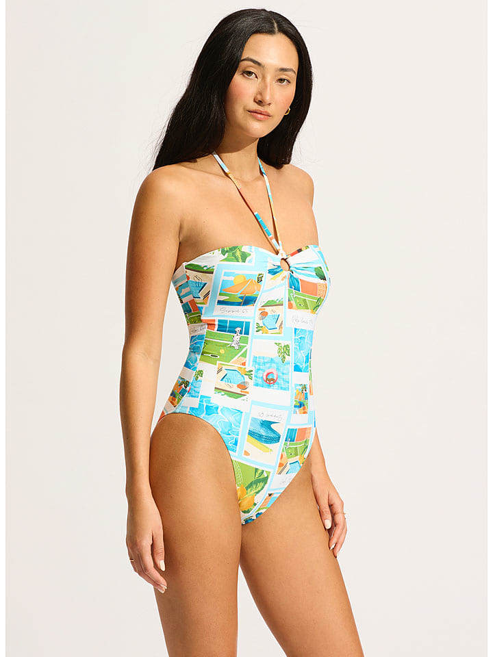 Seafolly Badeanzug in Türkis/ Weiß - 66% | Größe L | Damen-bademode