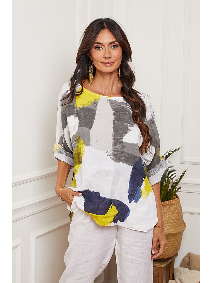 La Compagnie Du Lin Leinen-Bluse "Krik" in Weiß/ Bunt - 75% | Größe XL | Damen-blusen
