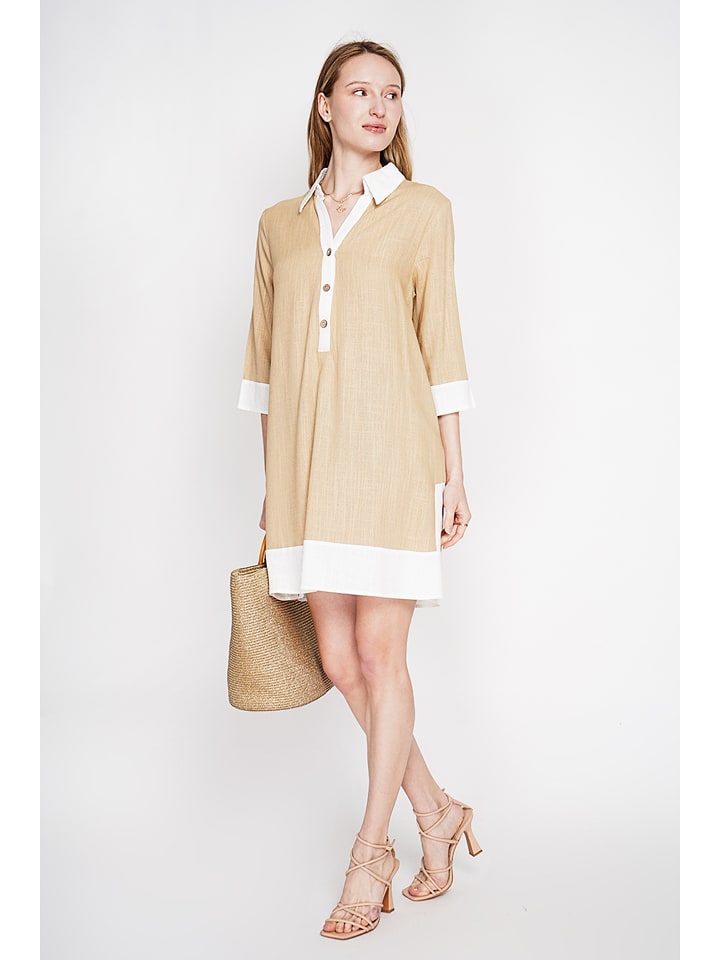 Le Jardin du Lin Leinen-Kleid in Beige/ Weiß - 70% | Größe 38 | Damen-kleider