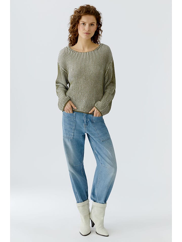 Oui Pullover in Khaki/ Creme - 49% | Größe 44 | Damen-pullover-cardigans