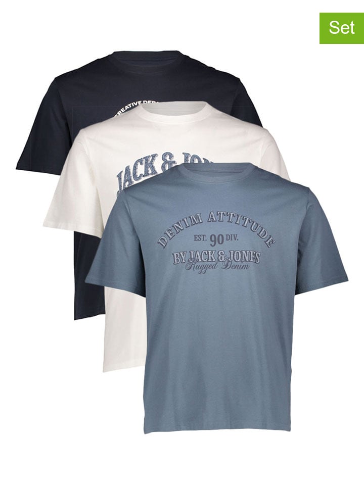 Jack & Jones 3er-Set: Shirts "Male" in Dunkelblau/ Blau/ Creme - 40% | Größe M | Herren-plussize