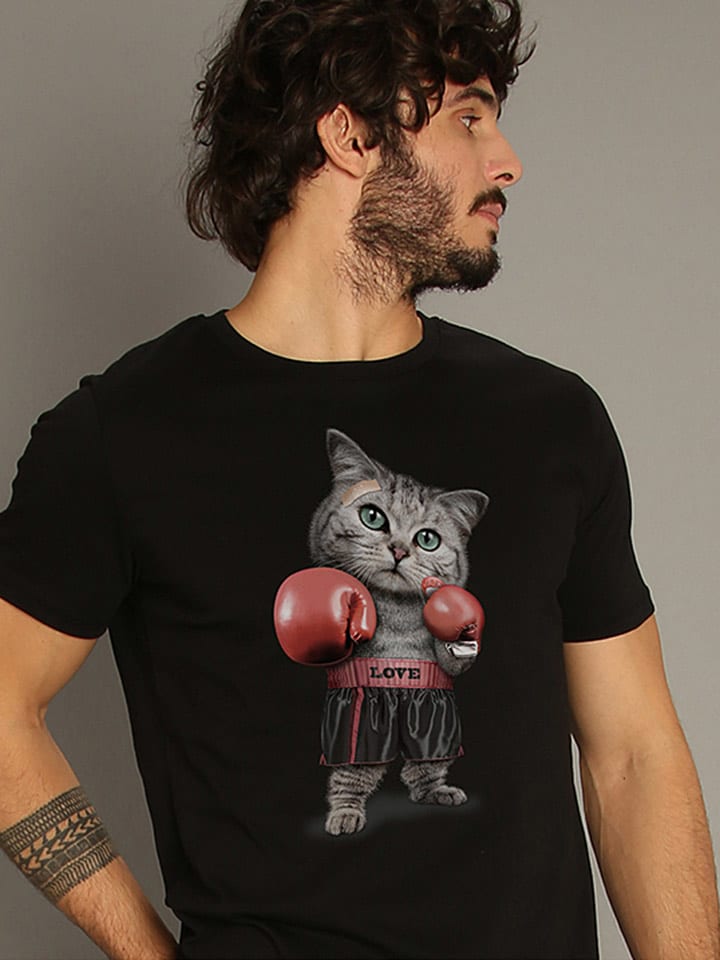 WOOOP Shirt "Boxing Cat" in Schwarz - 62% | Größe XL | Herren-plussize