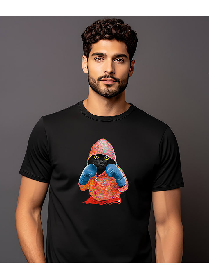 WOOOP Shirt "Boxing cat" in Schwarz - 65% | Größe XL | Herren-plussize