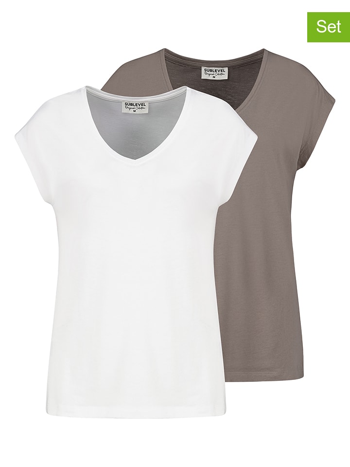 Sublevel 2er-Set: Shirts in Taupe/ Weiß - 54% | Größe XL | Damen-tops