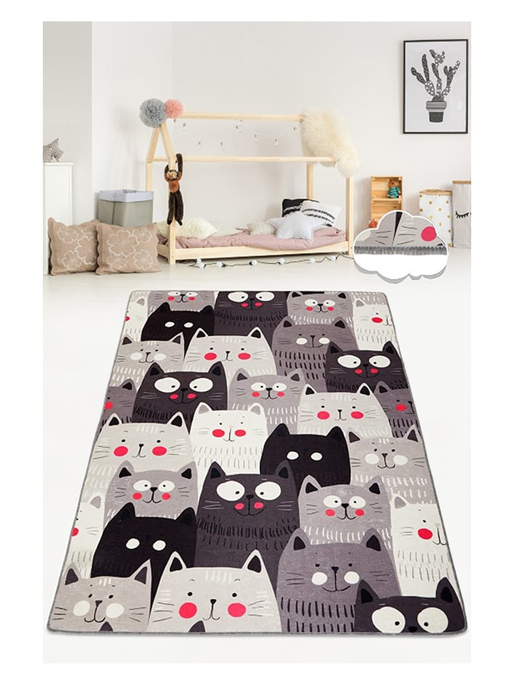 Mioli Kurzflor-Teppich "Cats Gray Djt" in Anthrazit/ Grau/ Weiß - 75% | Größe 80x200 cm | Teppiche-fussmatten