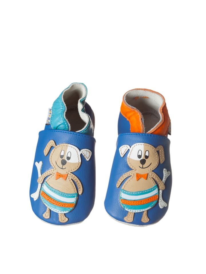 Babys Schuhe | Leder-KrabbelschuheHunde am Meer in Beige/ Blau - SY06829