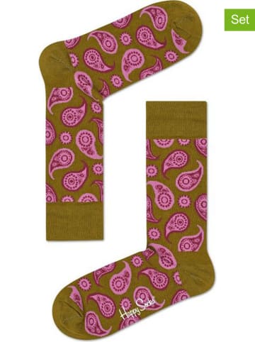 Happy Socks 2-delige set: sokken "Paisly" olijfgroen/lichtroze