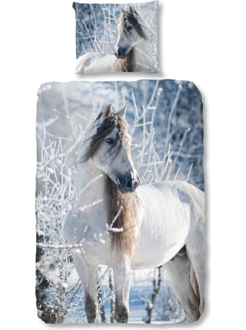 Good Morning Flanellen beddengoedset "White Horse" blauw
