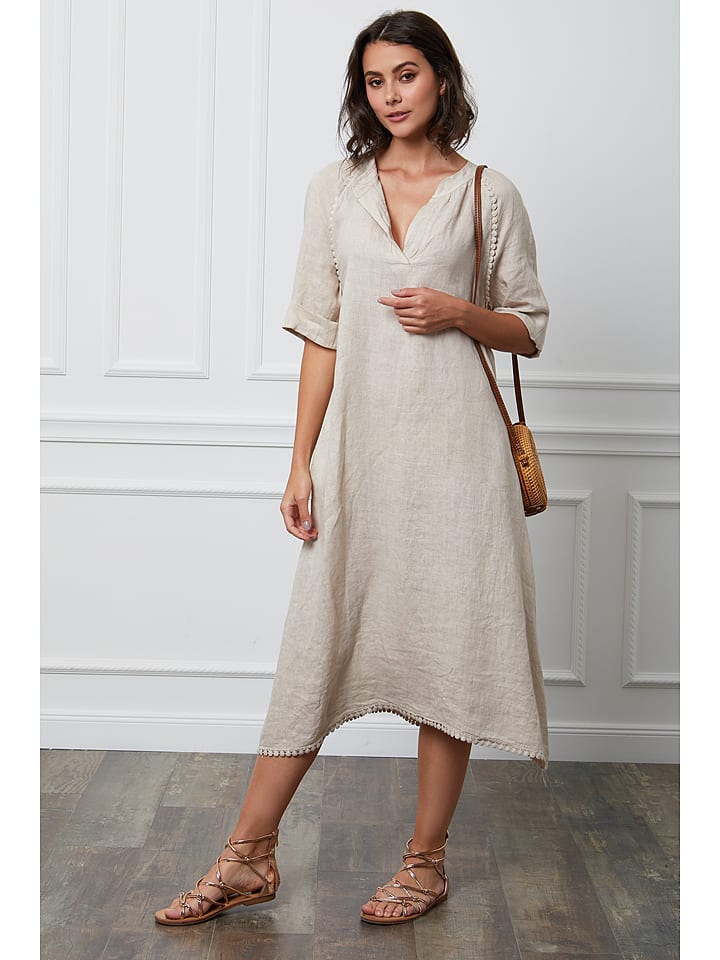 Doe mijn best Burgerschap naaien La Compagnie Du Lin Linnen jurk "Granel" beige goedkoop kopen | limango