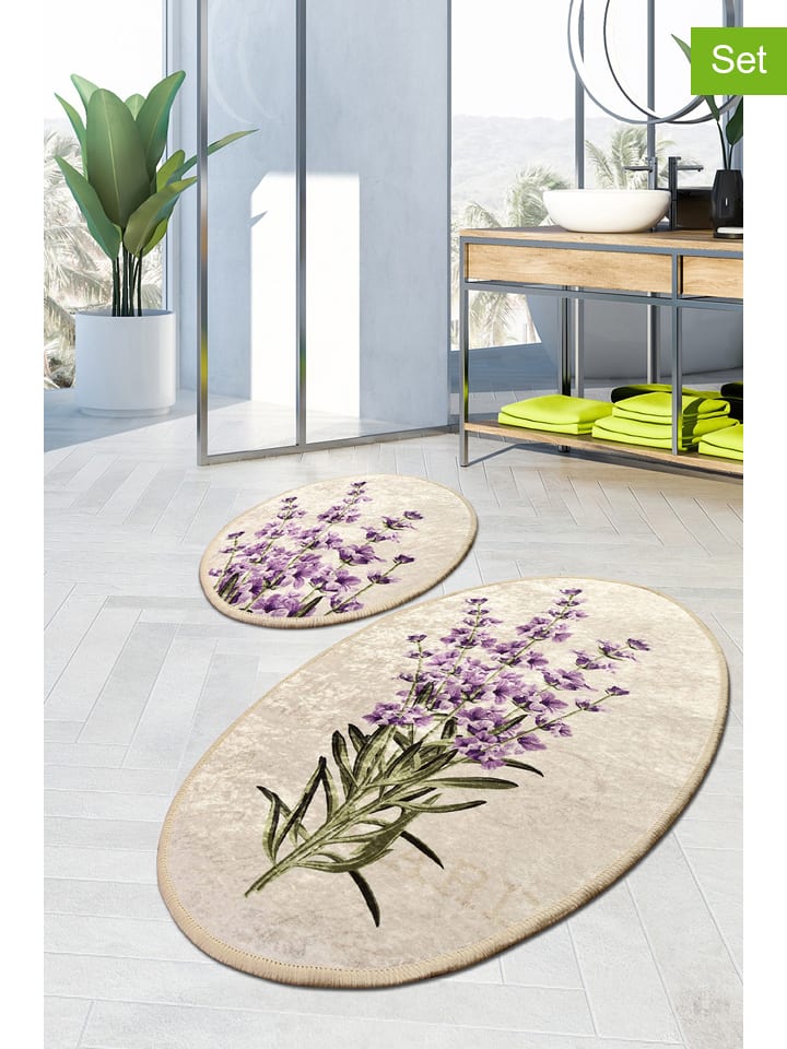 2er-Set: Badvorleger "Lavender" in Creme/ Lila
