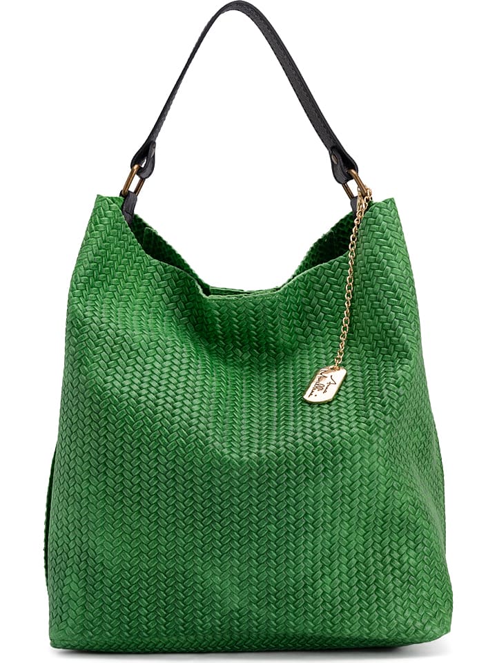 Leren schoudertas "Sebastiana" groen - (B)38 x (H)36 x (D)14 cm