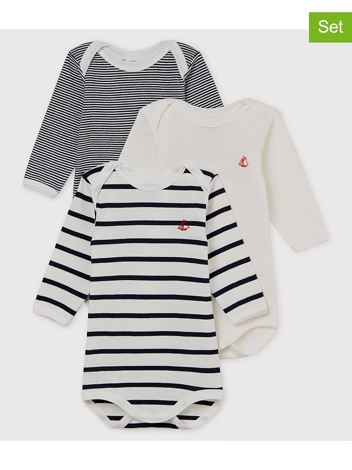 3er-Set: Bodys in Dunkelblau/ Creme