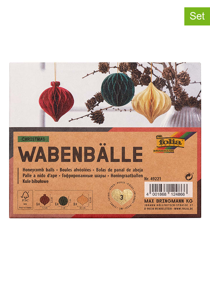3er-Set: Wabenbälle "Christmas" in Creme/ Rot/ Grün