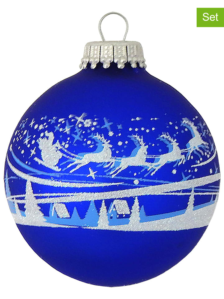 Christbaumkugeln "Winterdorf und Santa" in Blau - 4 Stück