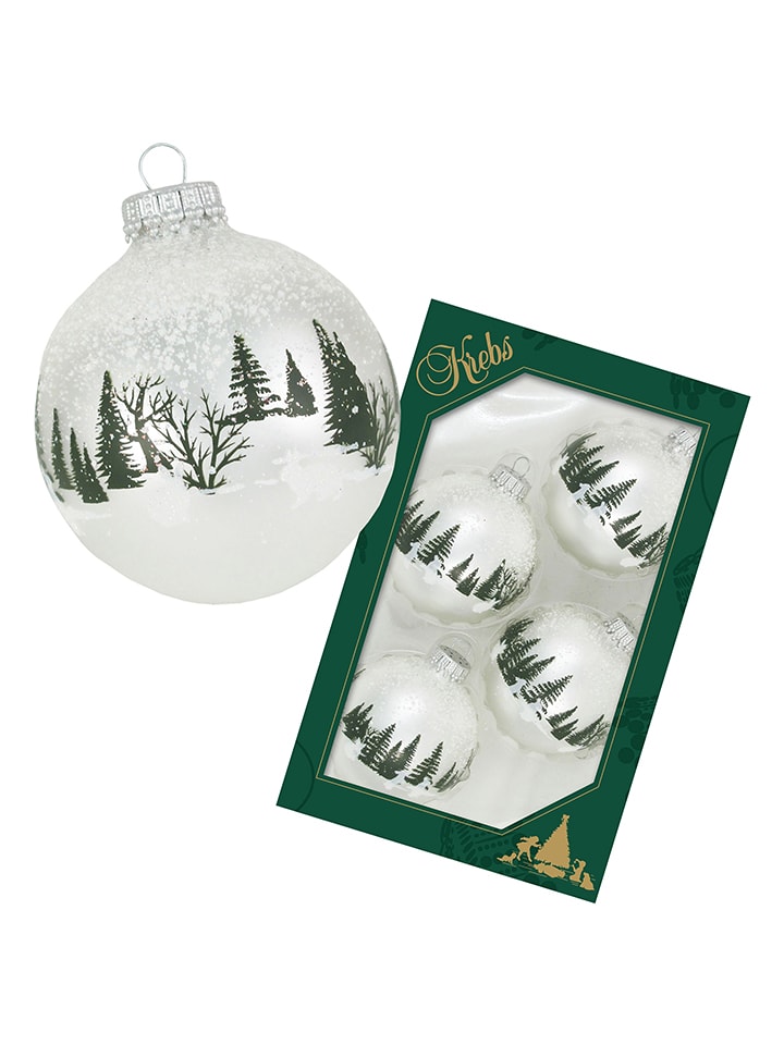 Christbaumkugeln "Winterwald und Hasen" in Weiß/ Grün - 4 Stück - Ø 7 cm
