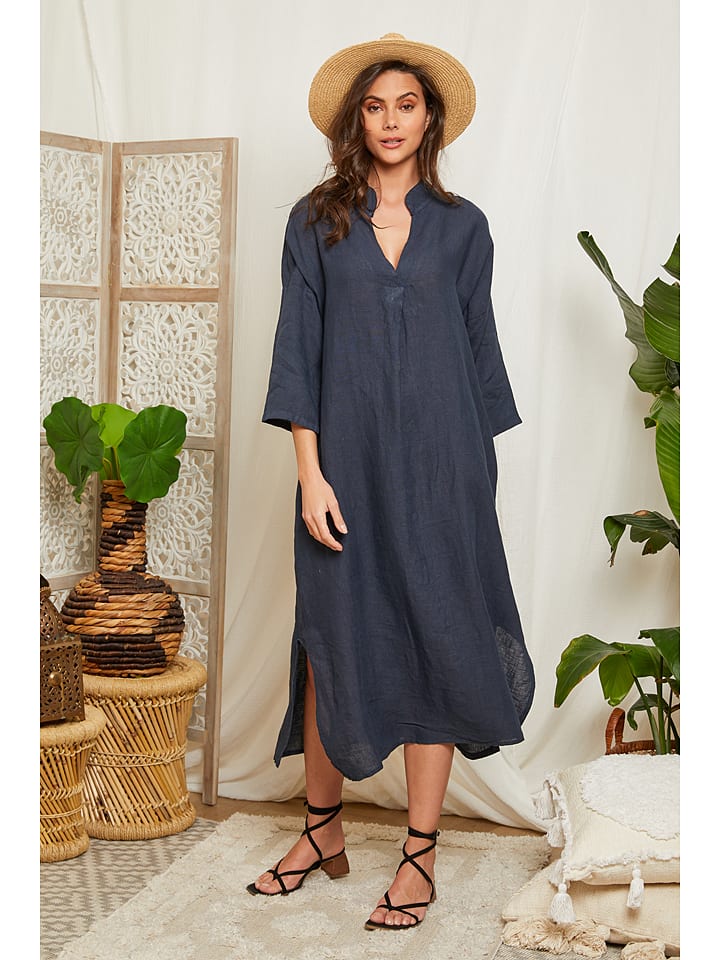Leinen-Kleid in Dunkelblau