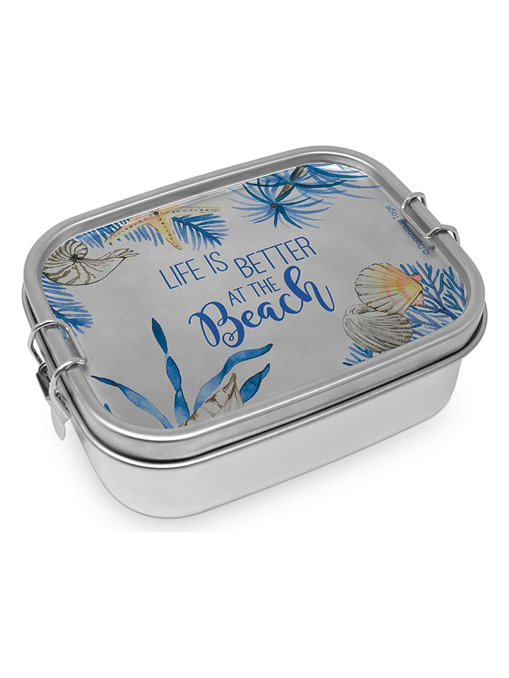 Edelstahl-Lunchbox "Life is better" in Blau - (B)16,5 x (H)6 x (T)14 cm