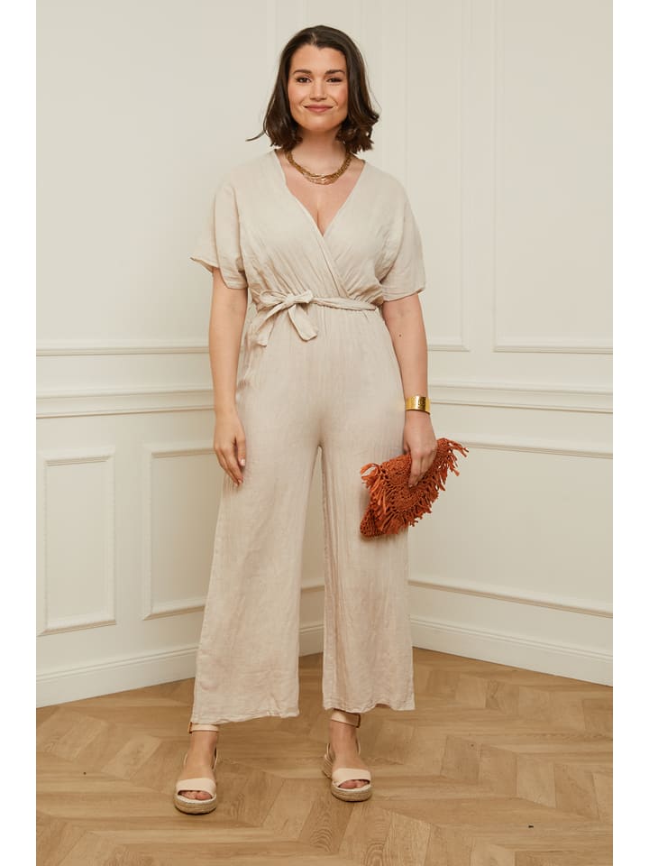 Curvy Lady Linnen jumpsuit beige goedkoop kopen limango