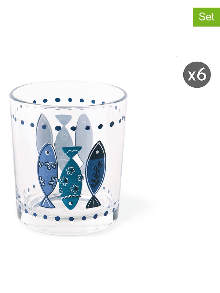 6-delige set: glazen "Ocean" transparant/blauw - 250 ml