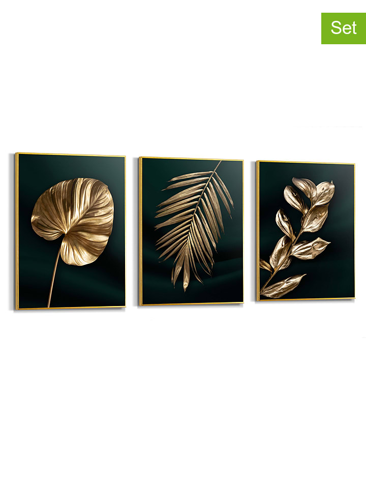 3er-Set: Gerahmte Kunstdrucke "Golden Leafs"