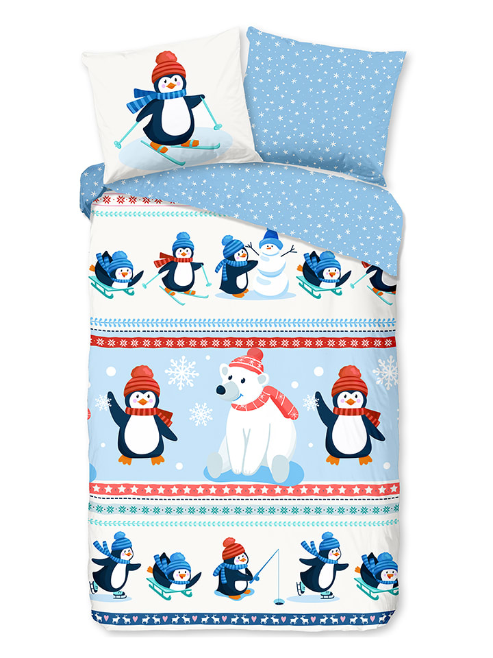 Flanellen beddengoedset "Penguins" blauw