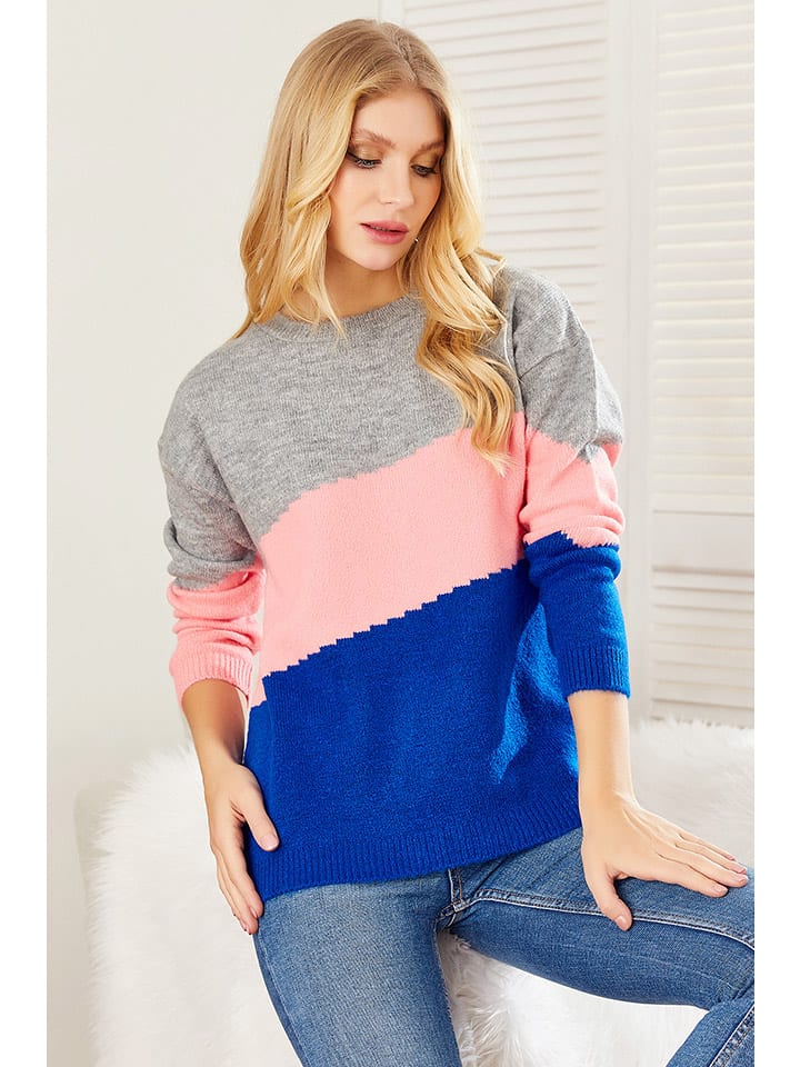 Trui grijs/blauw/roze
