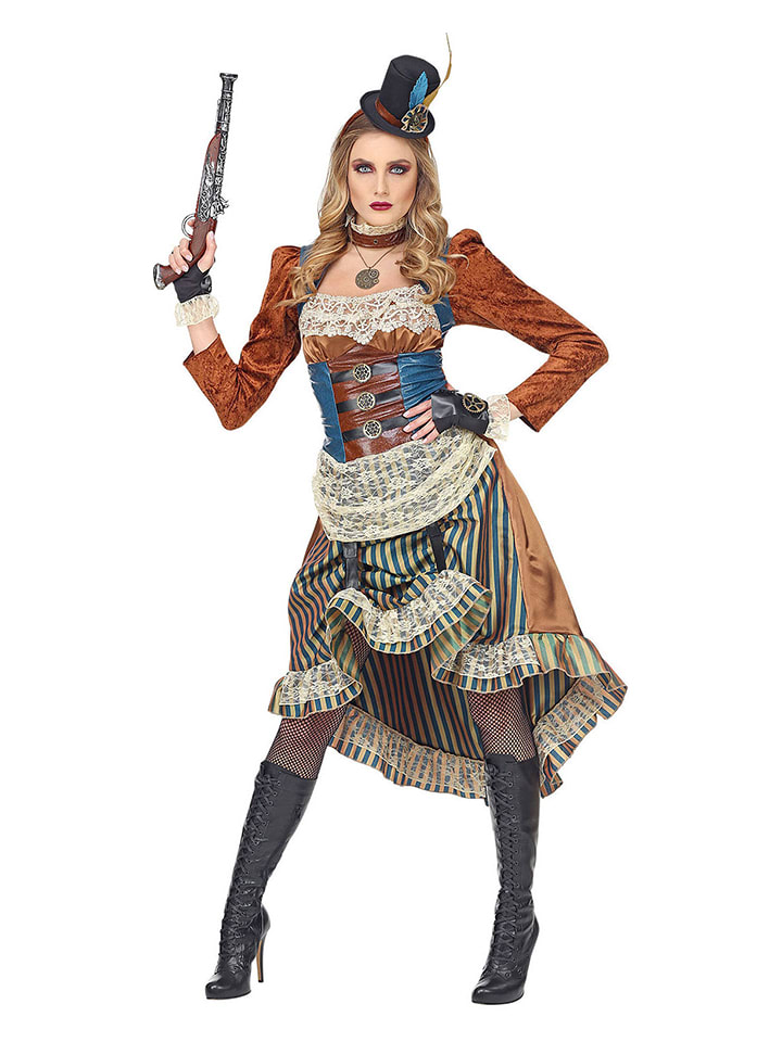 3tlg. Kostüm "Steampunk" in Hellbraun/ Blau