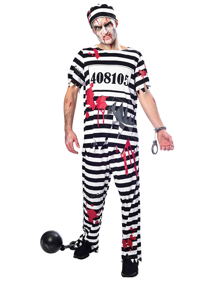3tlg. Kostüm "Zombie Convict" in Schwarz/ Weiß/ Rot
