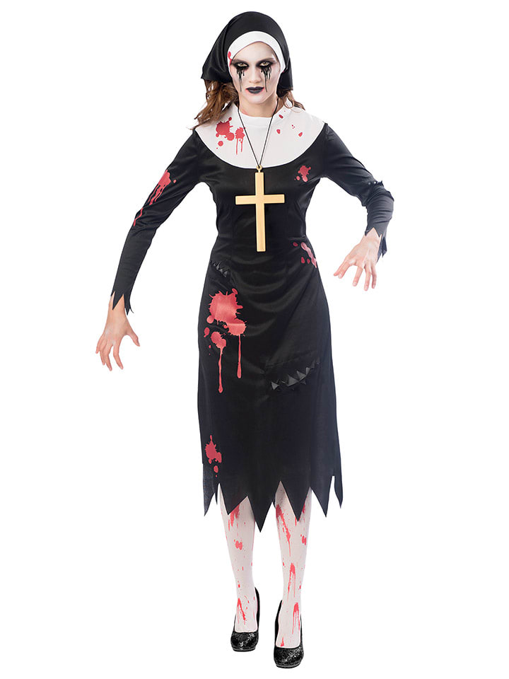 3-częściowy kostium "Zombie Nun" w kolorze czarno-biało-czerwonym