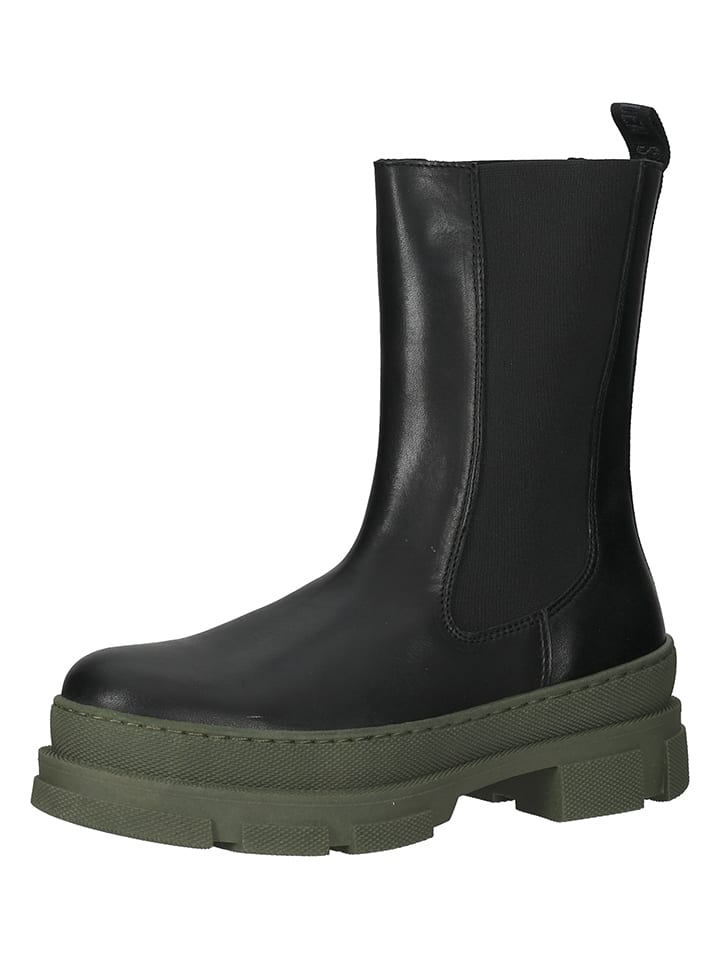 Leder-Stiefel in Schwarz/ Khaki