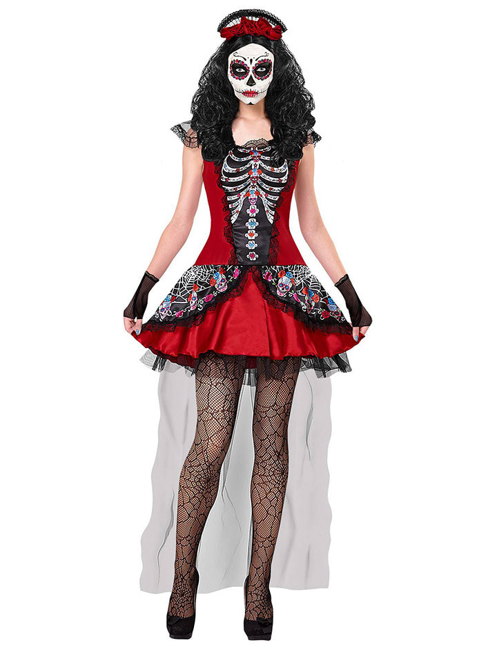 3-delig kostuum "MUJER DIA DE LOS MUERTOS" rood/meerkleurig